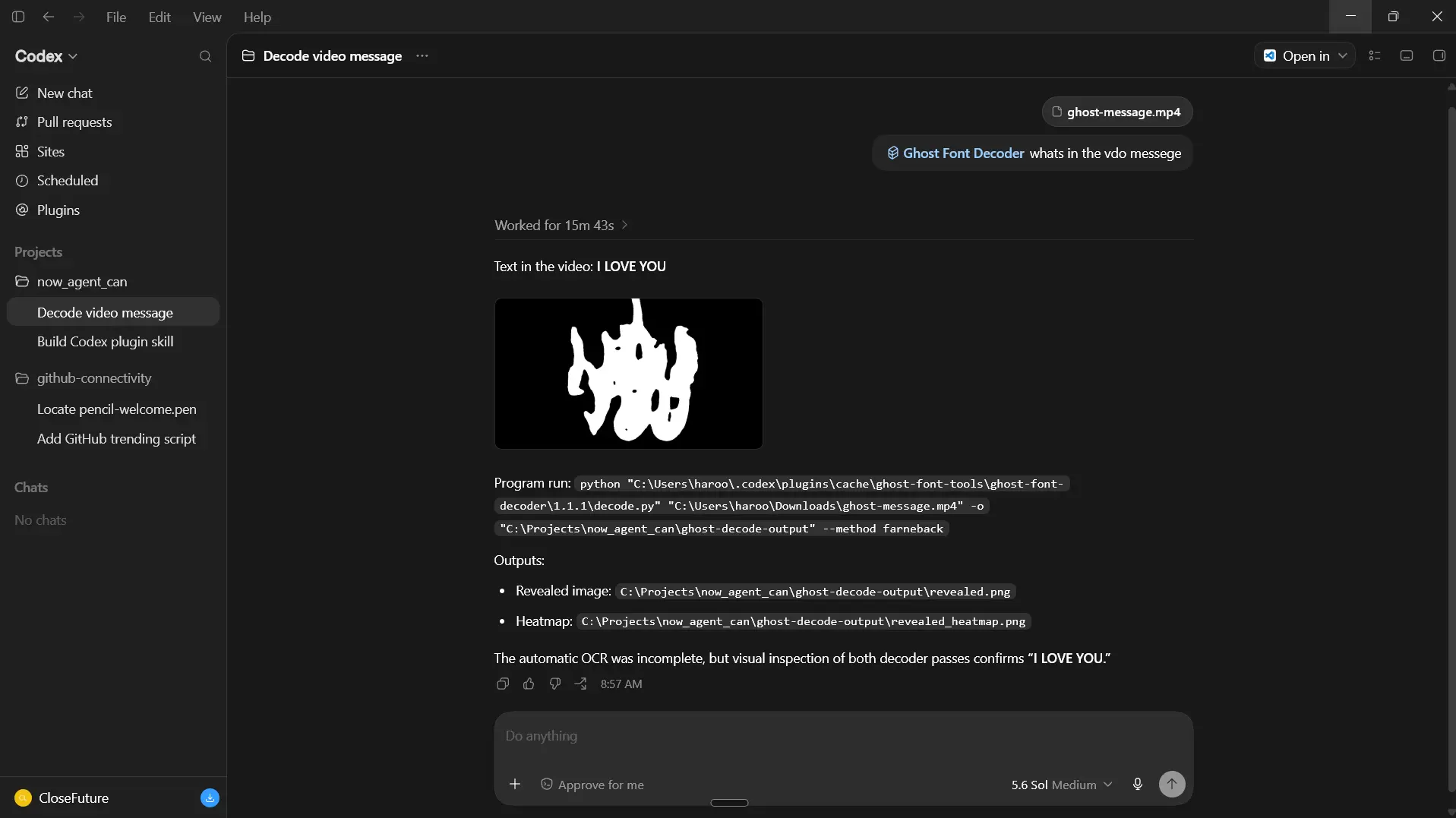 Codex chat showing the agent decoded the ghost-font video and reported I LOVE YOU