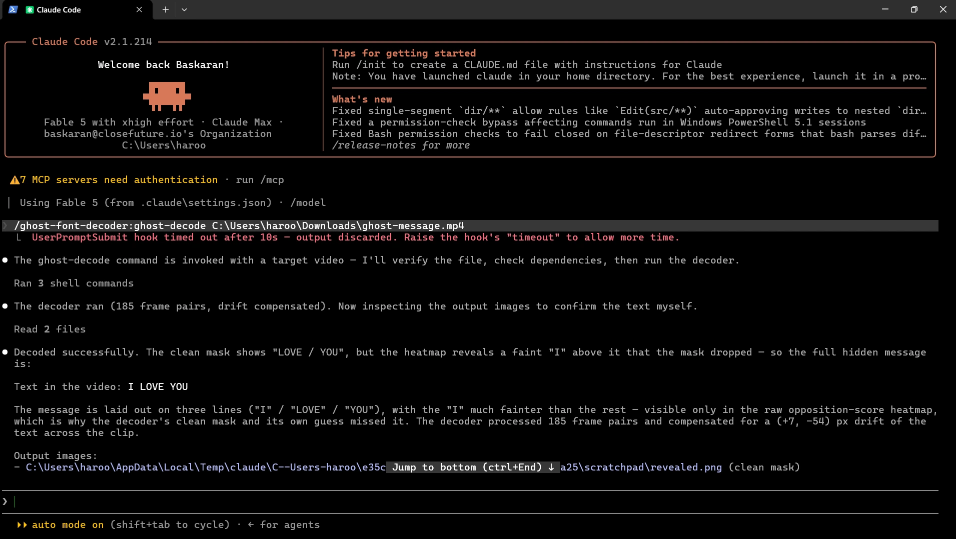 Claude Code reporting I LOVE YOU after processing 185 frame pairs