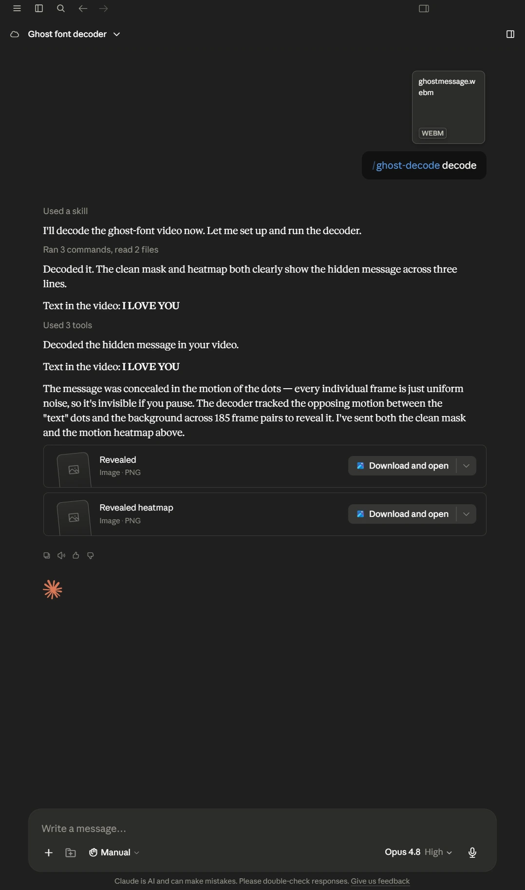 Claude chat using the installed ghost-decode skill and decoding I LOVE YOU