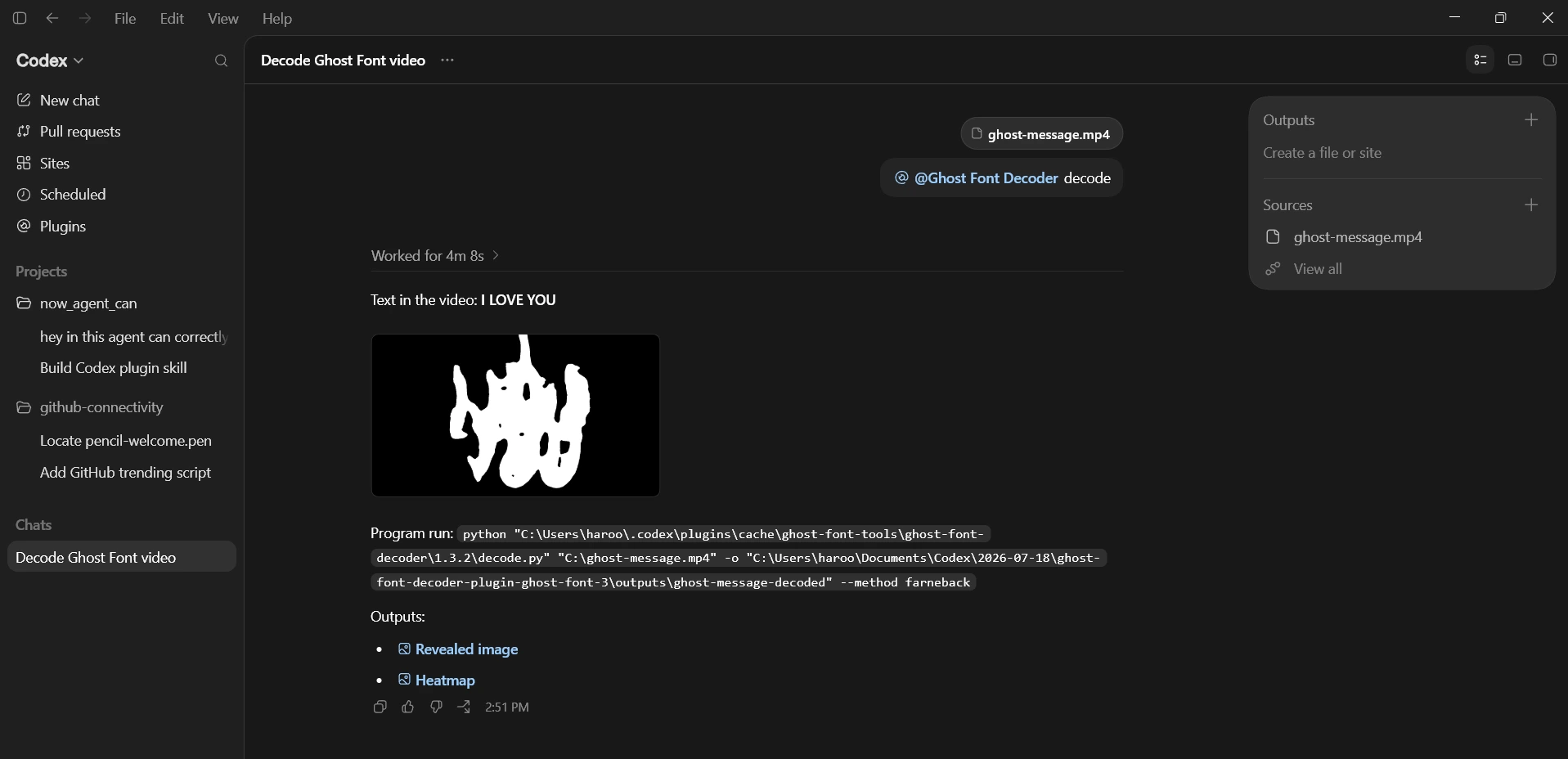 Codex task showing the recovered I LOVE YOU message and output links