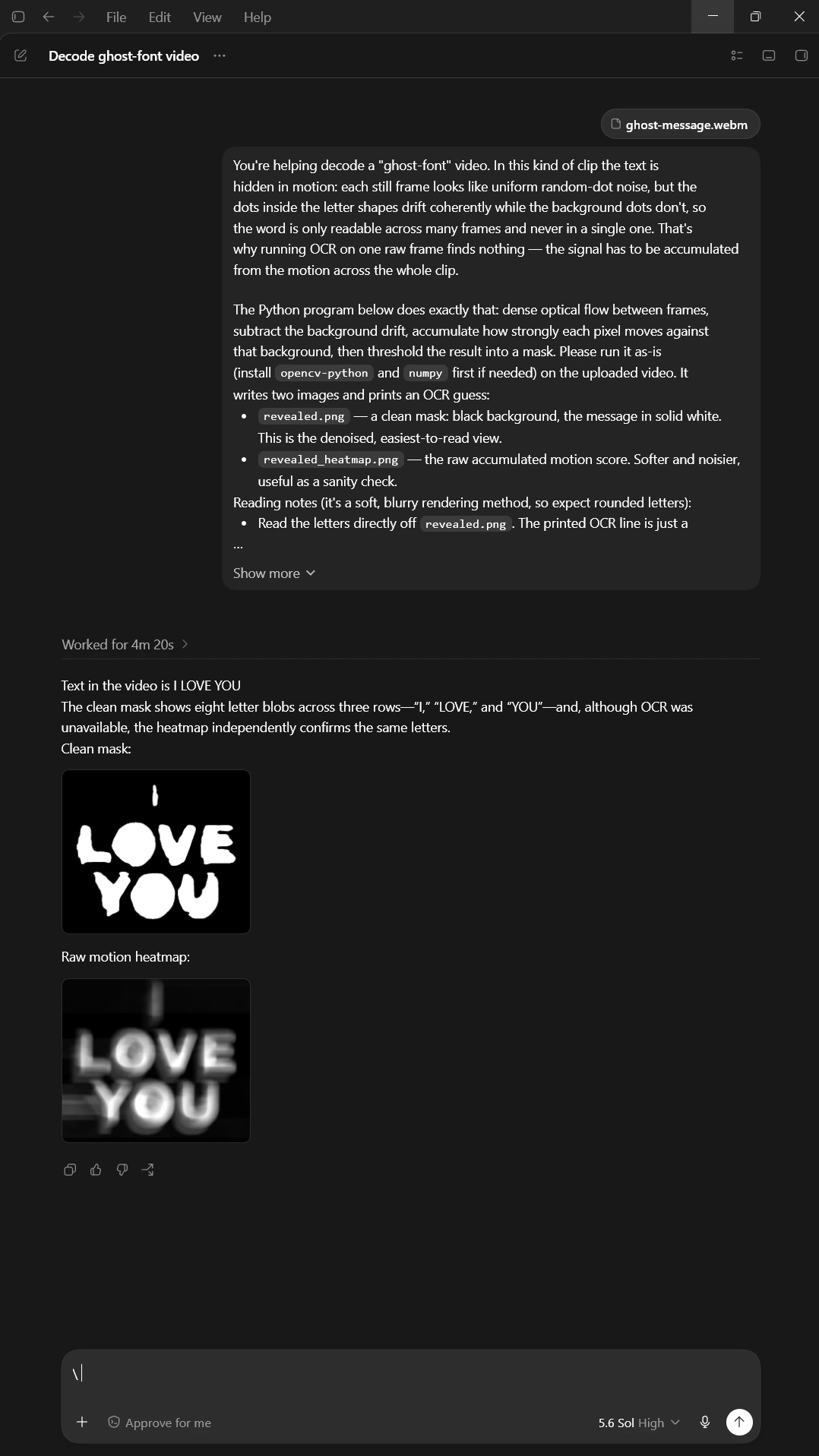 Codex chat using the reusable prompt and decoding I LOVE YOU